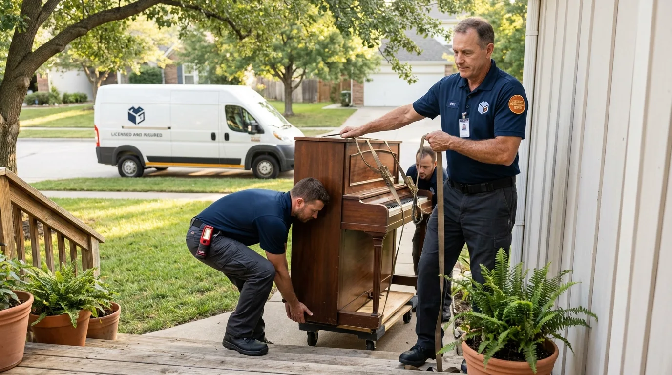 Licensed piano movers securing grand piano in Morrow, OH